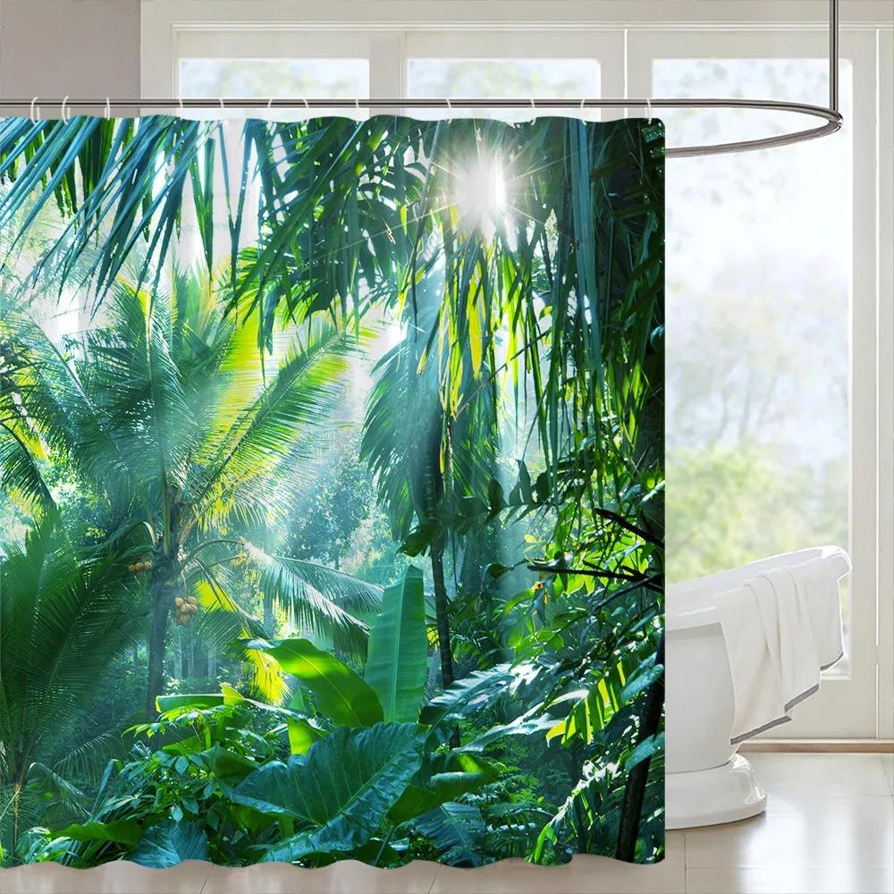 Tropical Forest Shower Curtain Green Plants Nature Landscape Hanging Curtain Polyester Fabric Bathroom Decoration Set With Hooks