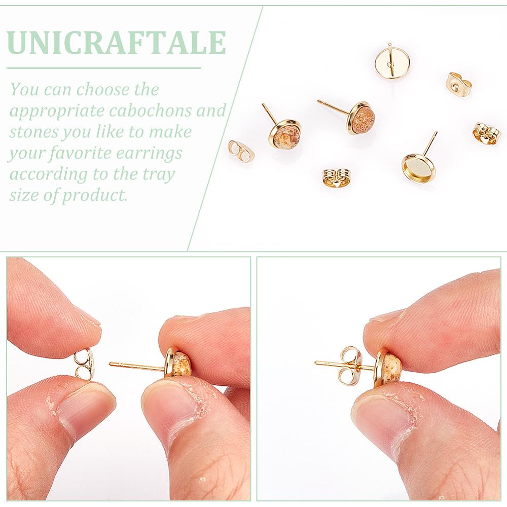 Flat Round 304 Stainless Steel Stud Earring Settings, with 304 Stainless Steel Ear Nuts, Real 18K Gold Plated, Tray: 6mm, 8x1.5mm, Pin: 0.8mm