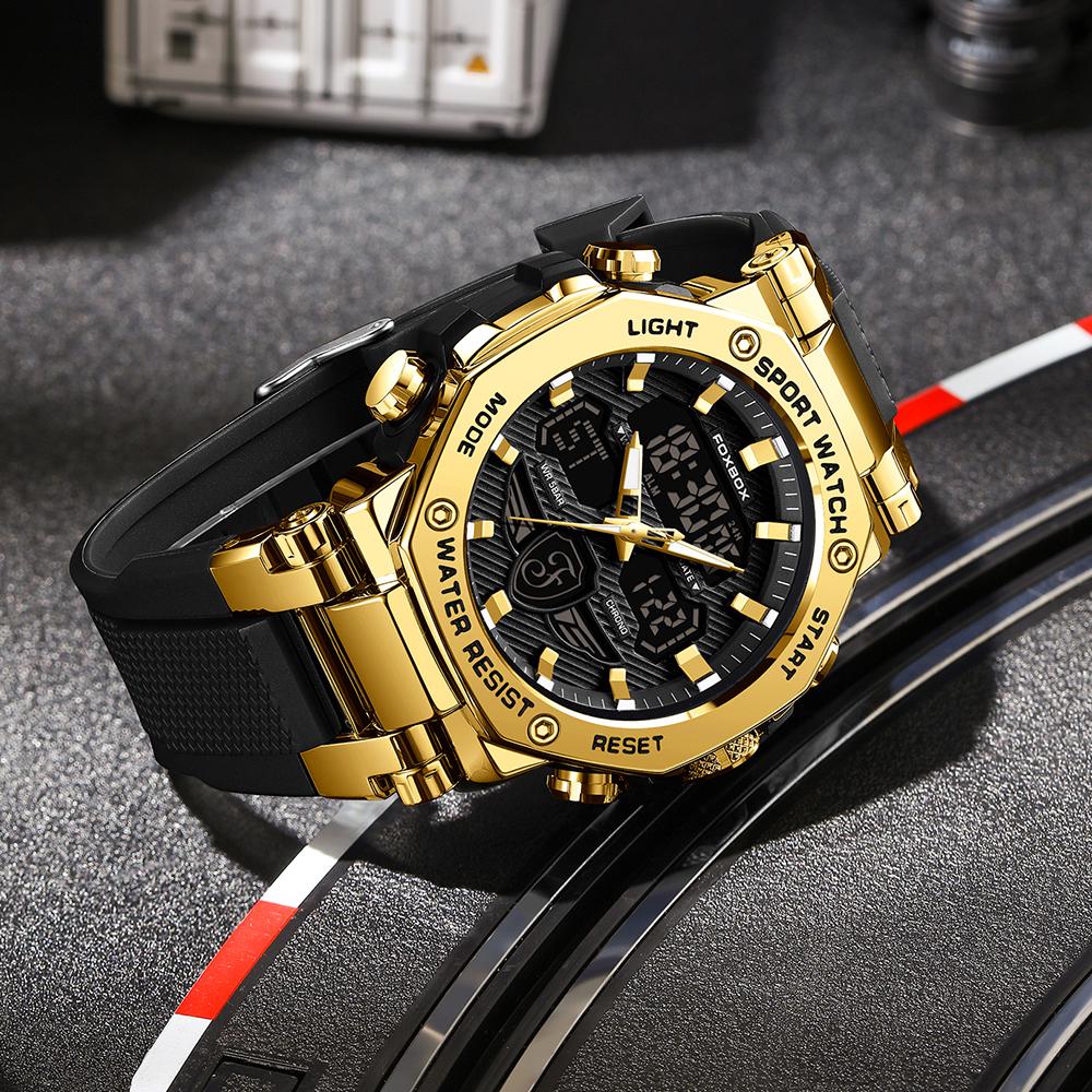 For FB0062 Luxury Gold Sport Watch Men 50m Waterproof Quartz Luminous Hands Chronograph Digital Watch Alarm Stop Silicone Watch