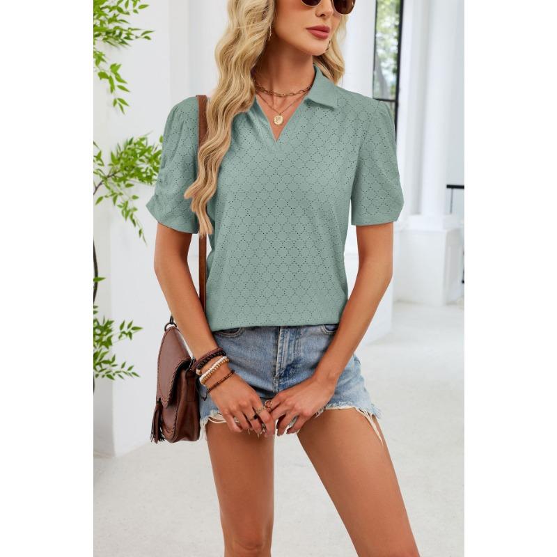 European and American cross-border foreign trade women's summer new V-neck T-shirt puff sleeve loose POLO shirt top