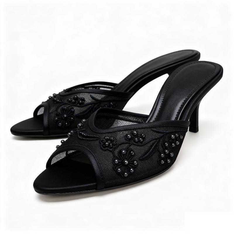 Luxury String Bead Mesh Embroider Heeled Slippers Women Sexy Pointed Toe Peep Toe Slide Sandals Summer Elegant Designer Shoes