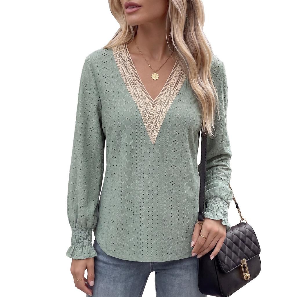 Fall Winter New Solid Color V-Neck Lace Splicing Loose Long Sleeve T-Shirt Top for Amazon EU US Cross-border Trade