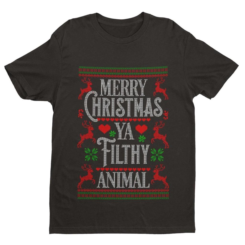 Funny Christmas T Shirt Merry Ya Filthy Animal Xmas Jumper Style Alone Home Gift