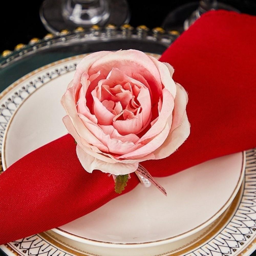 Elegant Simulated Rose Napkin Rings Alloy Electroplated Decorative Napkin Loops Plastic Pink Rose Western-style Napkin Buckle