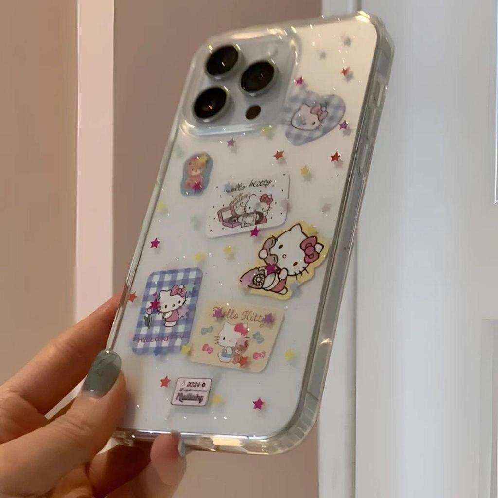 Hello Kitty Glitter Star Transparent Phone Case for Apple Models (iPhone 16/15/14/12/11/8/7 Plus/XS/XR/Pro Max) - Soft and Stylish