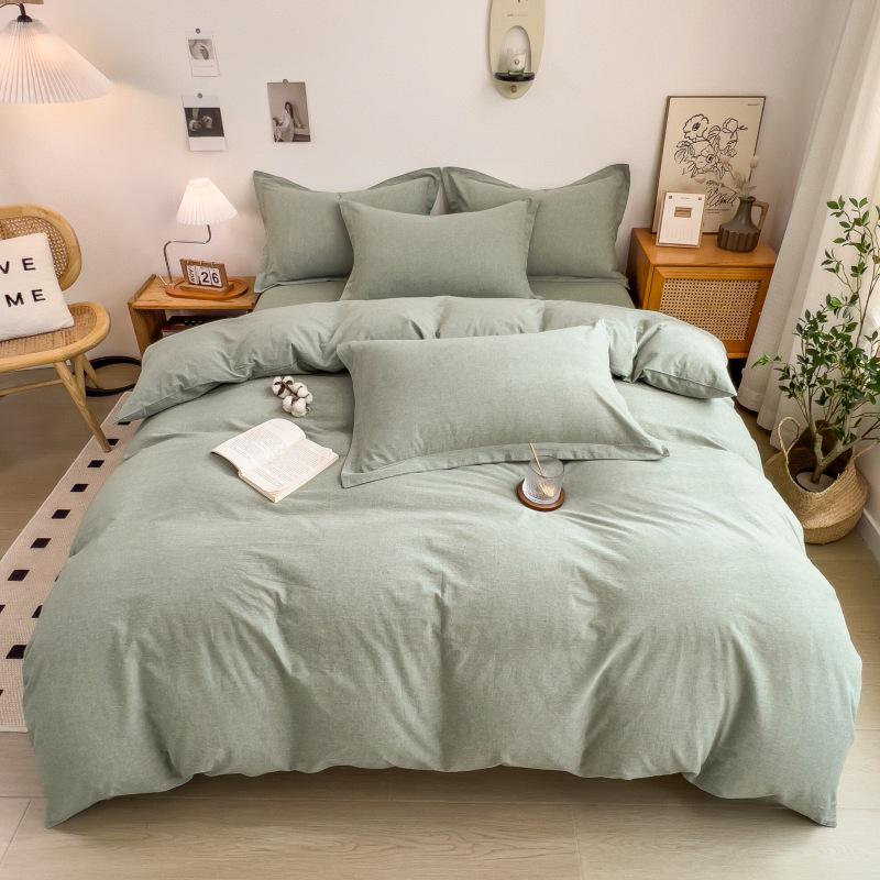 Muji-Inspired Plaid Water-Washed Cotton Duvet Cover Set - Minimalist Brushed Four-Piece Bedding Set