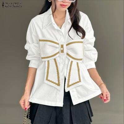 Women Casual Turn Down Collar Loose Long Sleeve Bows Blouse