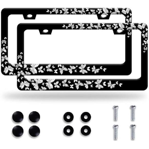 Butterfly License Plate Frame Beautiful Butterflies License Plate Stainless Steel Auto Parts With Screws Size 12.3" X 6.3" For Men Women