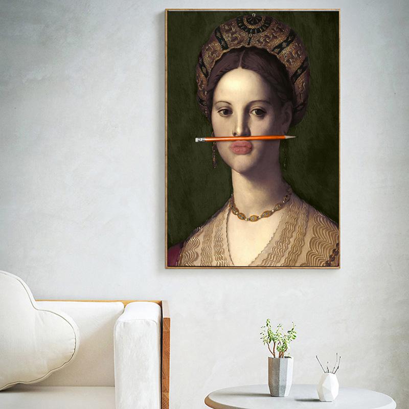 Pictură clasică pe pânză pentru femeie, desen creion pe nas, postere și imprimeuri, imagine artistică de perete pentru sufragerie, decorarea casei Cuadros