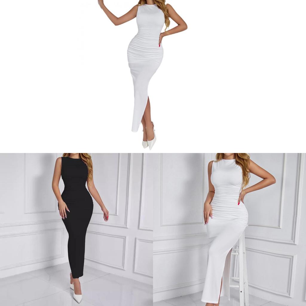 Basic Dress Long Skirt With Pleats And Side Slit For Spring Summer Casual Wear