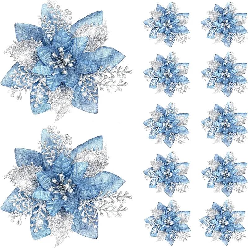 5/10Pcs 14.5cm Sparkling Christmas Decorations Glitter Artifical Flower Doors Windows Christmas Tree Decor for 2025 New Year