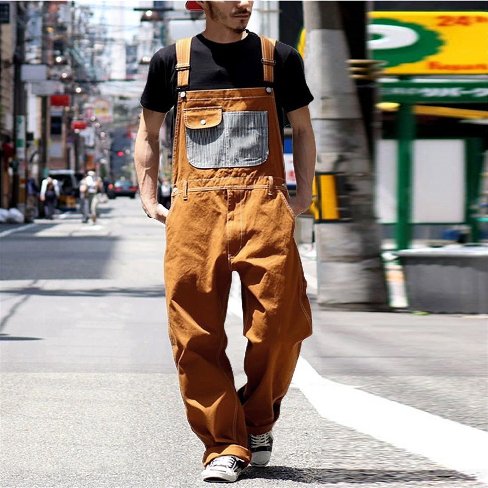 Men S Work Jumpsuit Casual Retro Versatile Shoulder Straps Personalized Jumpsuit Patch Multi Pocket Shoulder Straps Overalls S оранжевый