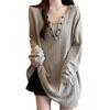 NONELECEDOLE Long Sleeve Ribbed Knit Sweet and Loose Plus Sizes Perfect for Going Everyday Autumn Women's T-Shirt, V-Neck, Top, Fit, Available,