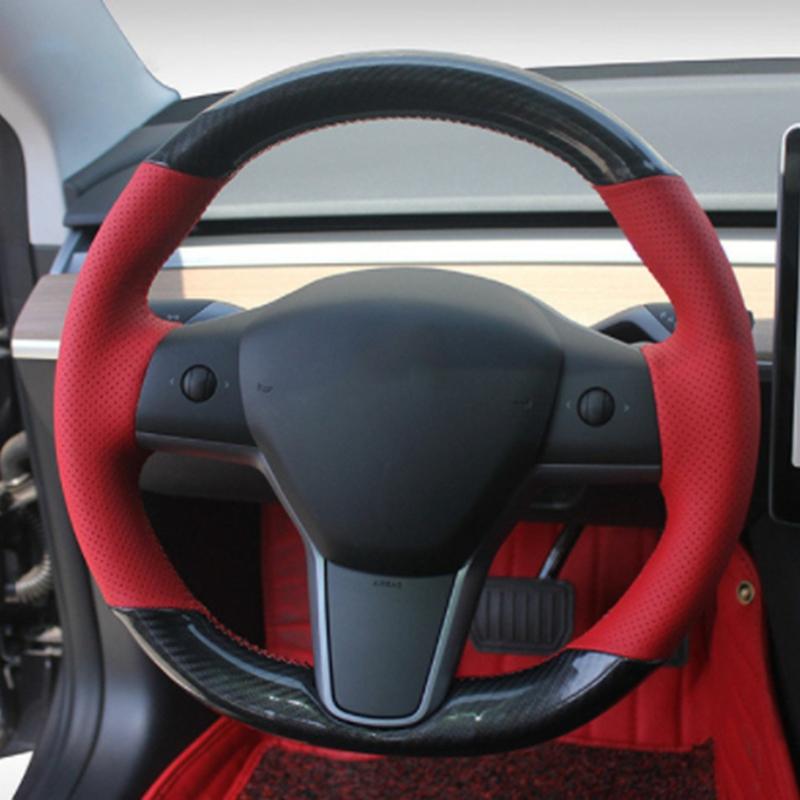 Hand-stitched Anti-Slip Carbon Fiber Suede Braid Car Steering Wheel Cover For Tesla Model S Y Model X Model 3 Car Accessories