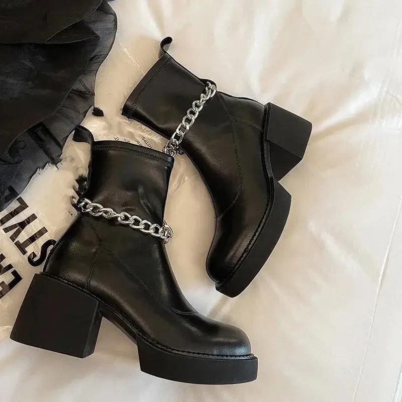 Fashion Ankle Boots for Women Black Round Toe Heeled Very High Heels Booties Sale Y2k Chic and Elegant Autumn Footwear Woman Short Shoes