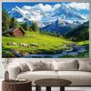 2D Party-Hintergrund Alpenlandschaft, Schweizer Chalet, Kühe und schneebedeckte Berge