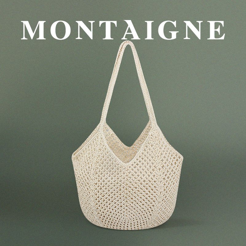 

French Montaigne Crocheting Bag Women Seaside Beach Bag Hand-Woven Hollow Shoulder Tote Big Bag Mibai-Beige
