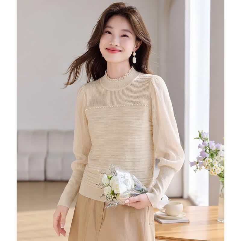 Sanpowa Lace Semi-High Collar Long Sleeve Top One Size бежевый