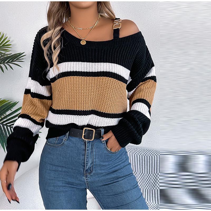 Сексуальный полосатый трикотажный пуловер с вырезом-лодочкой — фото 9