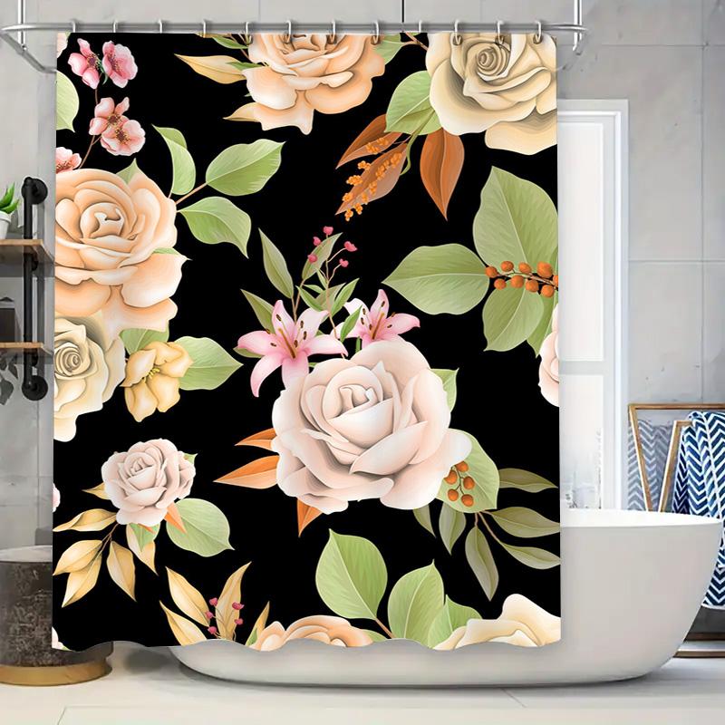 

Elegant Floral Shower Curtain Set Bathroom Decor Waterproof Printed Fabric With Rod Pocket For Home Use Size 60X72 Inches (Black W60H190(CM)-1 Pcs