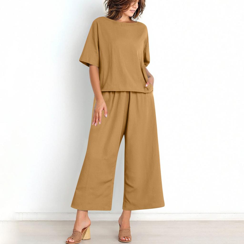 Women's Casual Fashion Sexy Long And Short Sleeve Pullover Shirt Round Neck Literary Retro Color Casual Split Suit