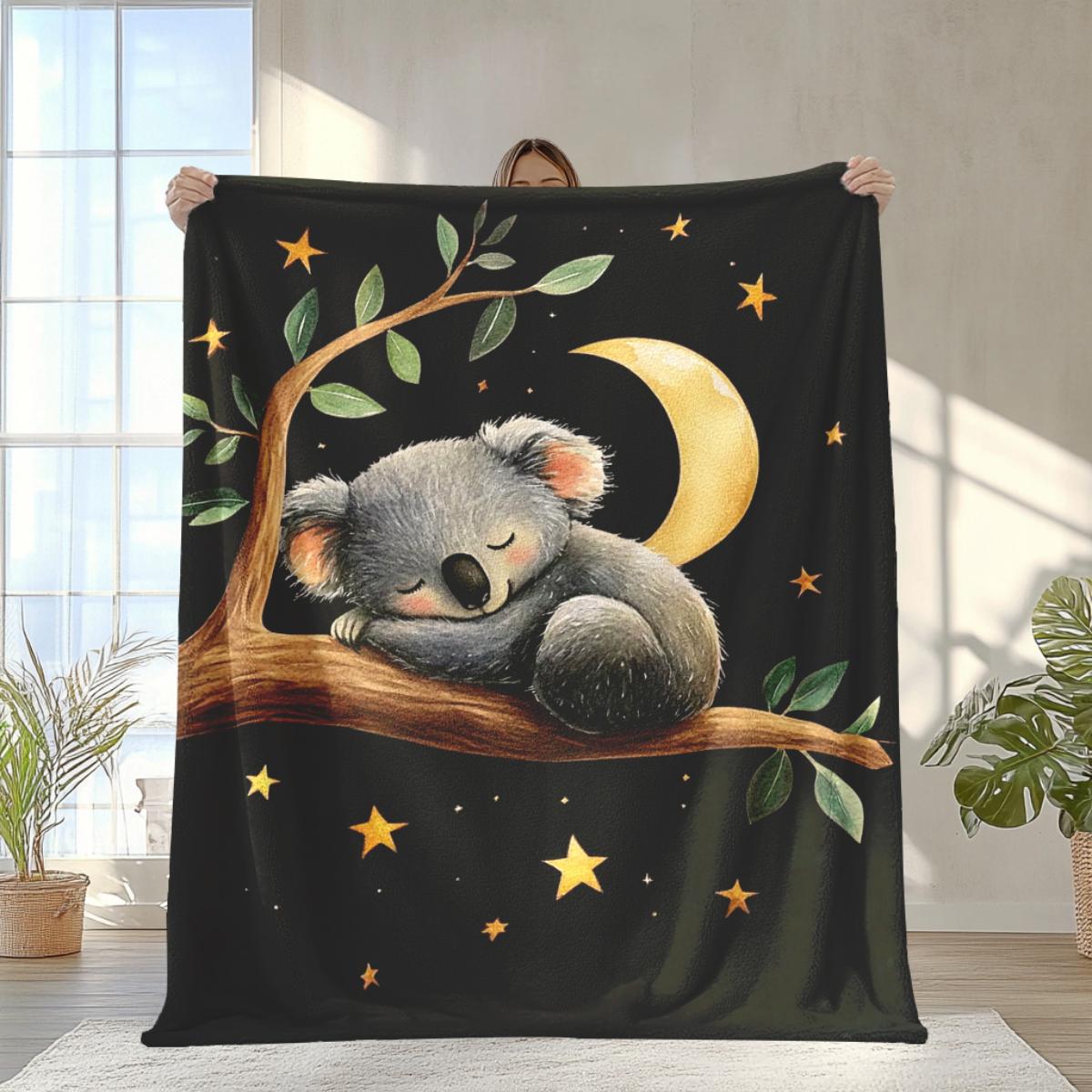 Cute Koala Sleeping on a Branch Pattern Flannel Blanket - Soft and warm, perfect for sofas, beds, chairs, camping, and as a holi 130x150cm