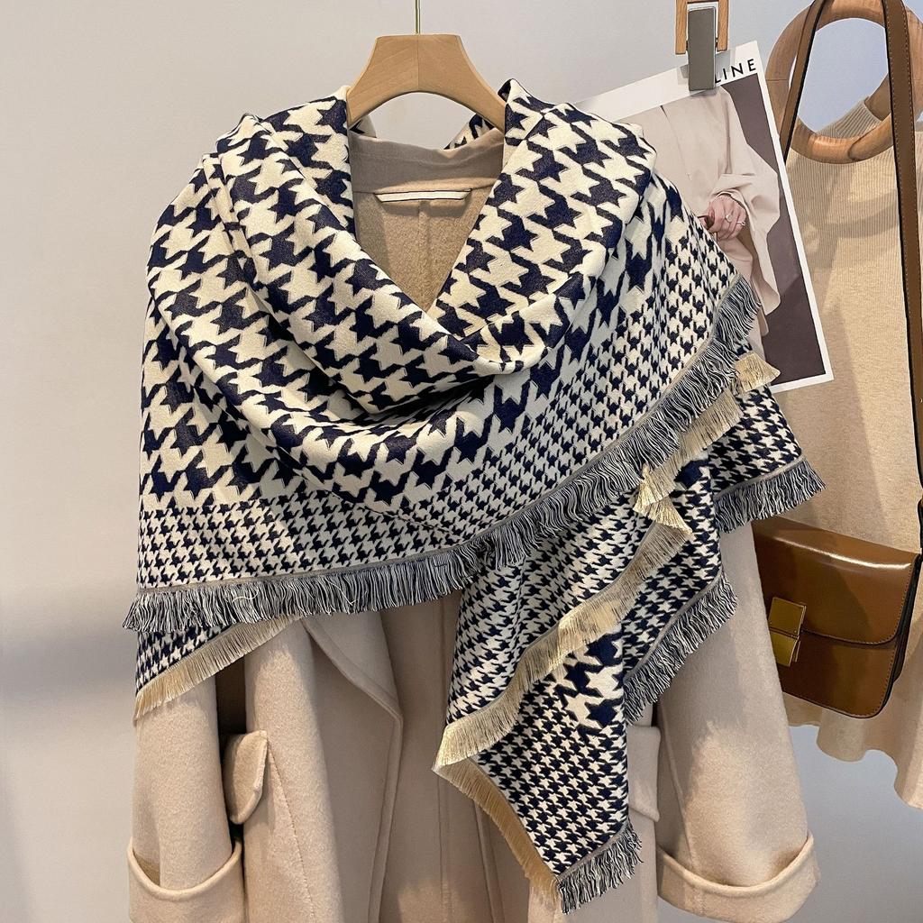 Swing And Winter Bird Grid Scarf Women'S Style Imitation Cashmere Scarf Thickened Air-Conditioned Room Warm Shawl Cape