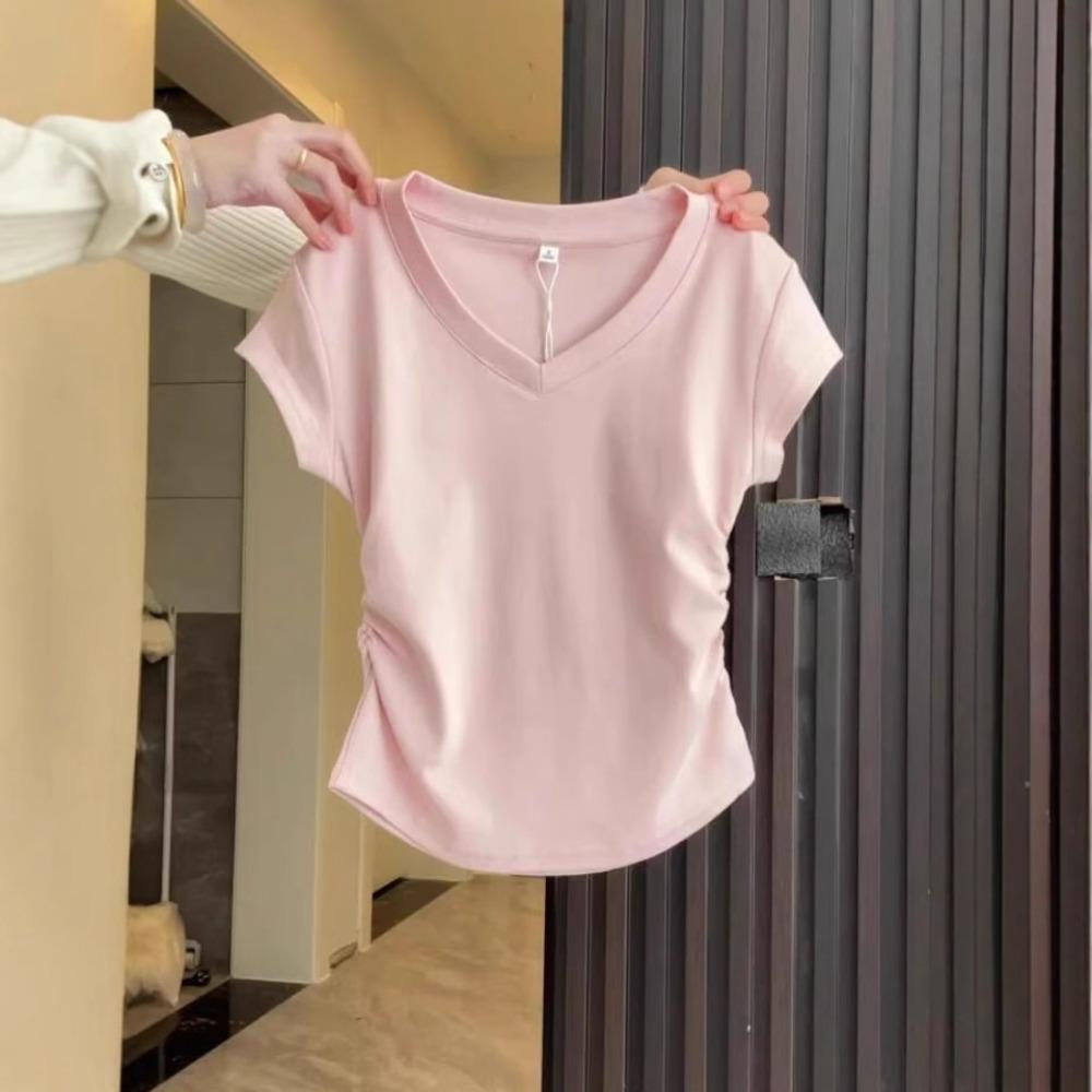 Women Cotton V-neck Short Sleeve T-shirt Slim Fitted Pleated Design Cropped Top Summer