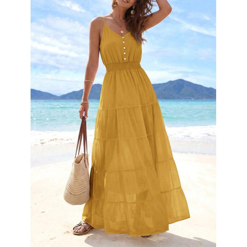 Europe, America 2026 Summer New Simple High Waist and Thin Casual Beach Vacation Suspender Dress