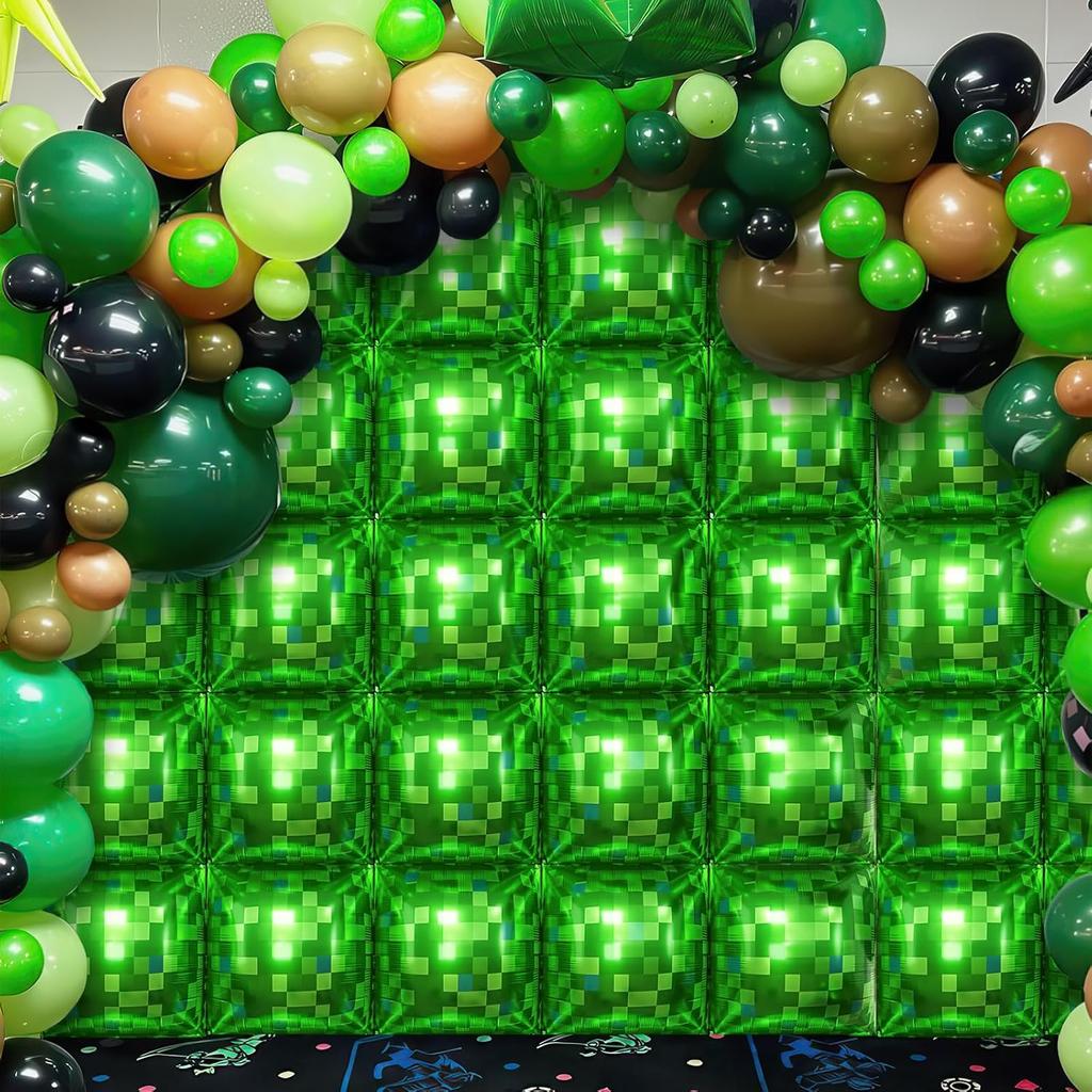 Green pixel square balloon wall, square aluminum foil balloon wall background balloon game theme birthday party decoration