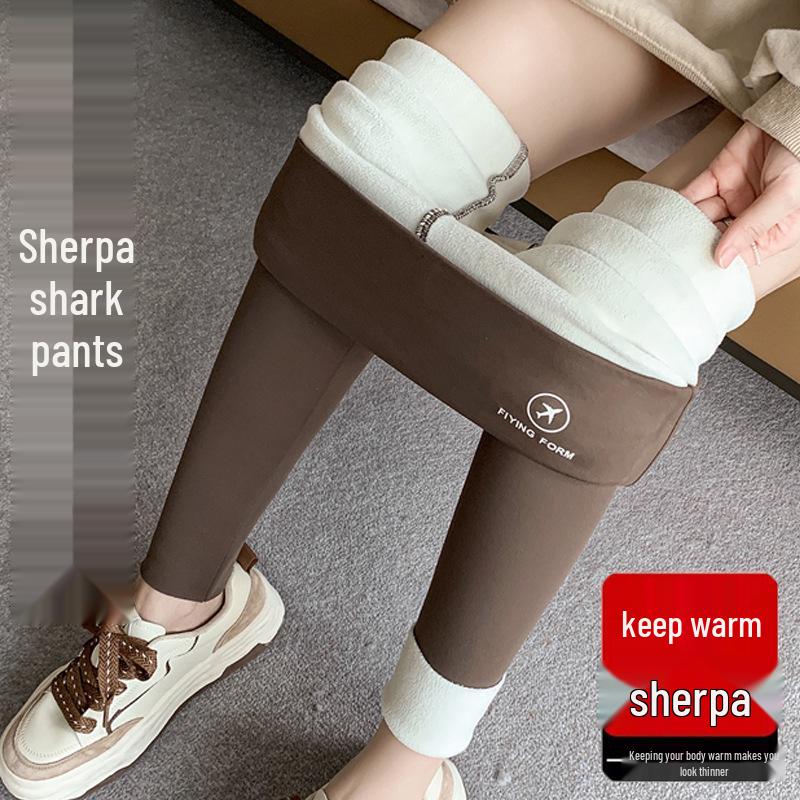 High Waist Lambswool Shark Leggings: Thickened Velvet Warm Yoga Pants for Women - Slimming and Shaping, Perfect for Autumn and Winter.