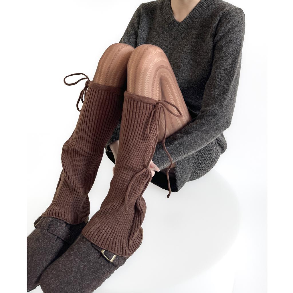 Winter Knitted Leg Warmers Bandage Bow Sweet Girls Solid Color Long Stockings Knitted Foot Cover Knee Socks Women Leg Warmers