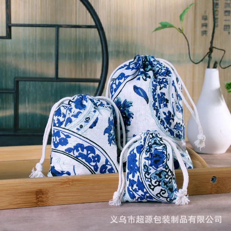 10pcs/lot Linen Drawstring pocket Cute Pattern Printed DIY wedding Candy Storage Bag Travel Makeup Cloth Shoes Sundries Storage