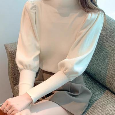 Automne et Hiver Col Mi-Haut Manches Lanternes Haut Intérieur Vêtements pour FemmesTempérament Tendance Amincissant Pull Tricoté de Base