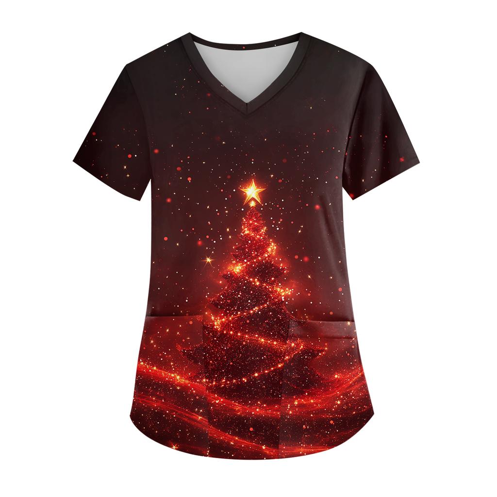 Women's V-neck Christmas Print Short-sleeved Pocket Side Slit Uniform Top