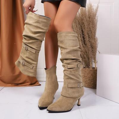 2025 Style Street Bottes Montantes à Bout Pointu Femmes Talons Hauts Féminins Rétro Boucle de Ceinture Plissé Mode Meilleur Vendeur Botte Longue