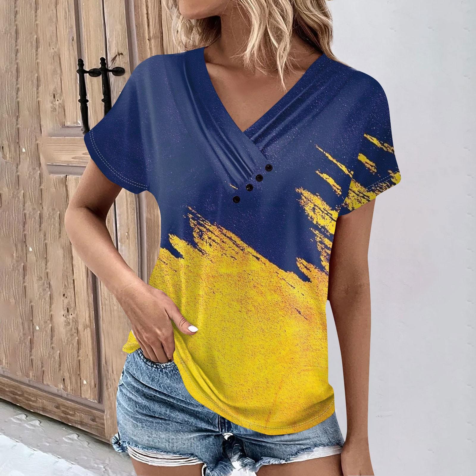 

Женская весенне-летняя модная футболка с принтом в стиле ретро, ​​плиссированный топ на пуговицах с v-образным вырезом и короткими рукавами M тёмно-синий