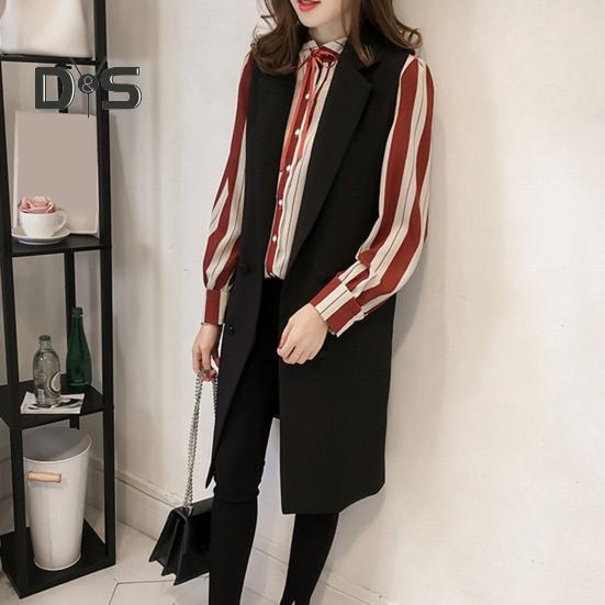 Høst Vår Dame Vest Nedrekket Krage Dobbeltspent Løs Ermeløse Knelengde Lommer Cardigan Ensfarget Daglig slitasje Vest Frakk