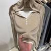 Slightly fat M drape and thin fake two-piece hooded top women's autumn stacking wear soft waxy contrasting color splicing long-sleeved knitted sweater