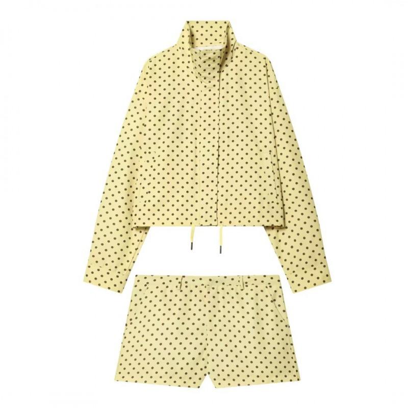 Womens Stand Collar Long Sleeve Colorblock Polka Dot Drawstring Jacket Short Outerwear