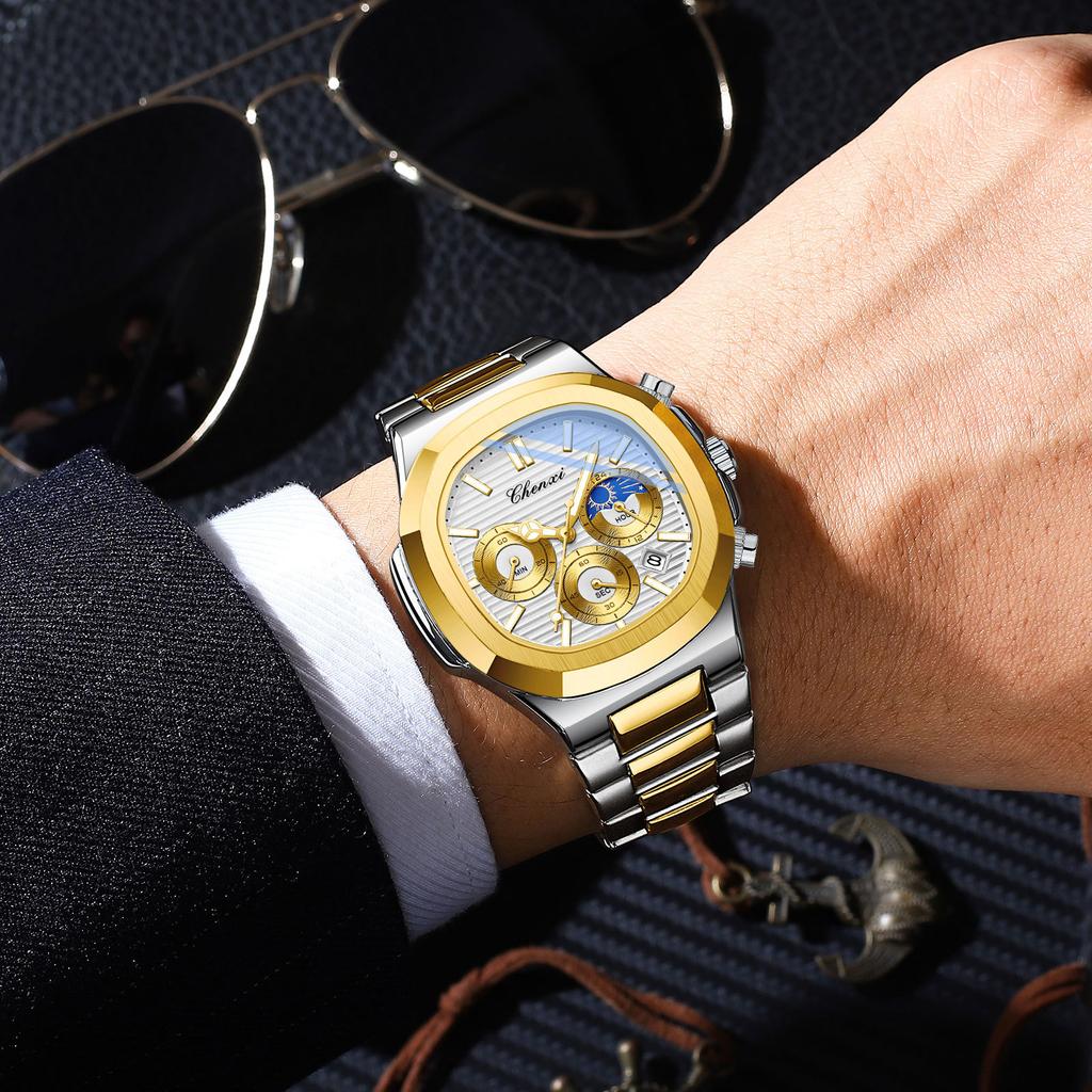 2025 Luxury Watch Men Business Fashion Waterproof Stainless Steel Chronograph Moon Phase Quartz Wristwatch Male Clock