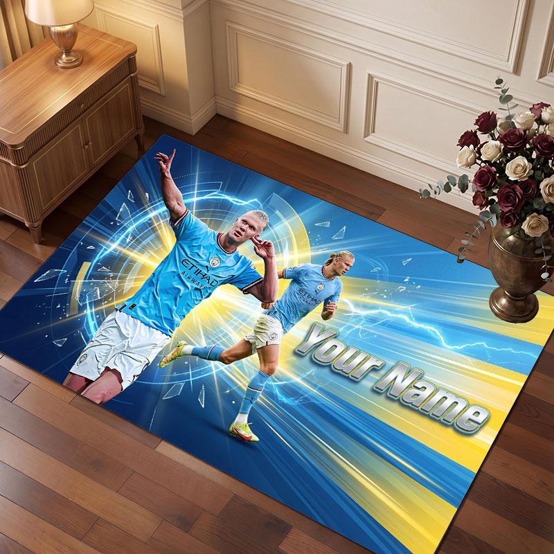 Erling Haaland Custom Crystal Velvet Rug, Personalized Name Text Print, Football Logo Soft Non‑Slip Floor Mat Home Decor Gift