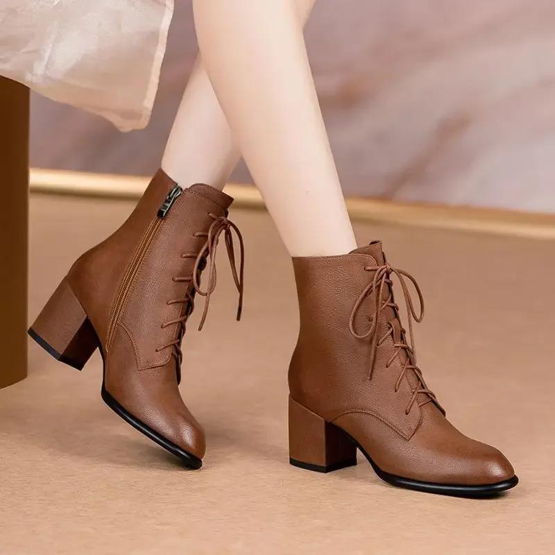 Fashion Leather Booties Brown Elegant With Medium Heels Female Short Shoes New Rock Spring 2025 Designer Luxury Sale Women's Ankle Boots