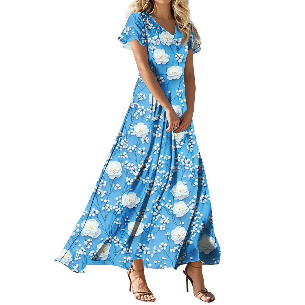 Women's Loose Casual V-Neck Short Sleeved High Waisted Print Dress