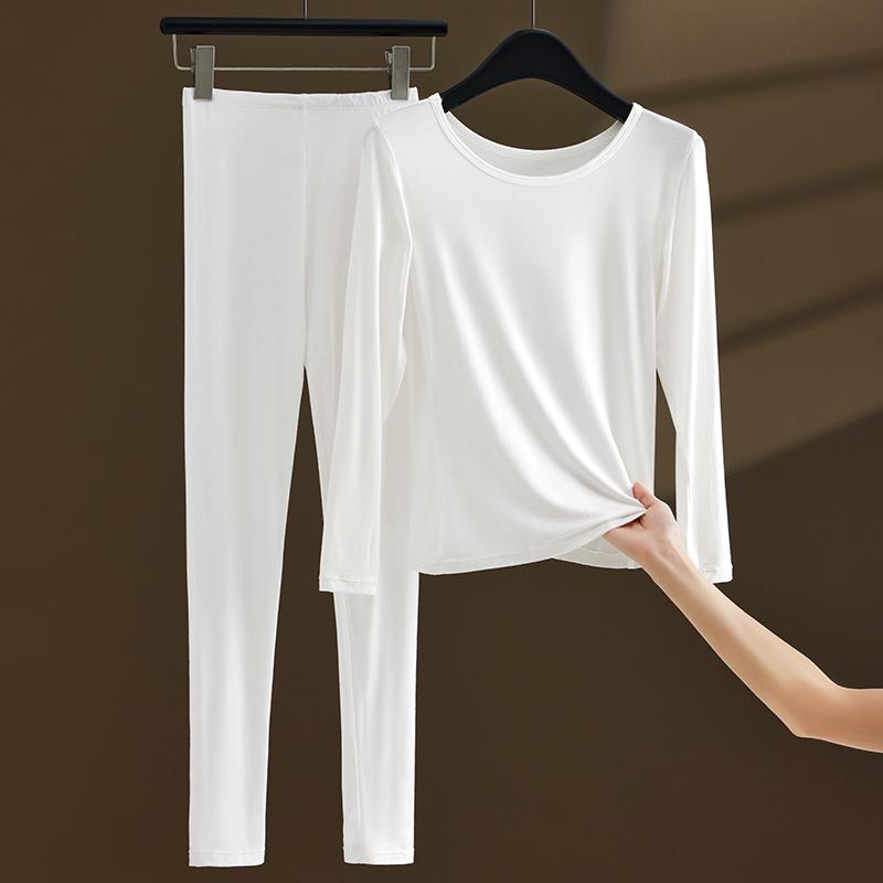 

Women s Autumn-Winter Thin Warm Base Layer Set: Knitted Top & Pants Plus Size XL [120-140 Jin] белый