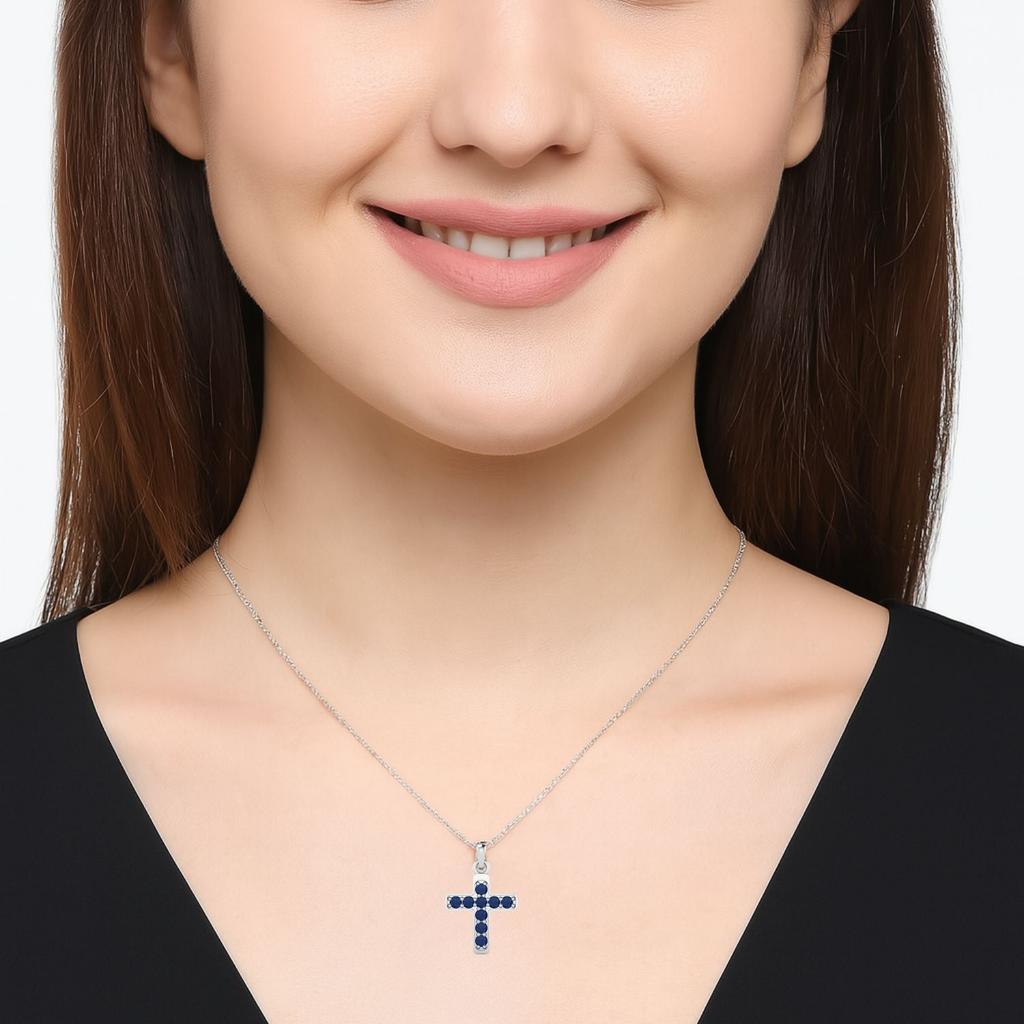 Blue Sapphire Religious Cross Pendant- Sterling Silver