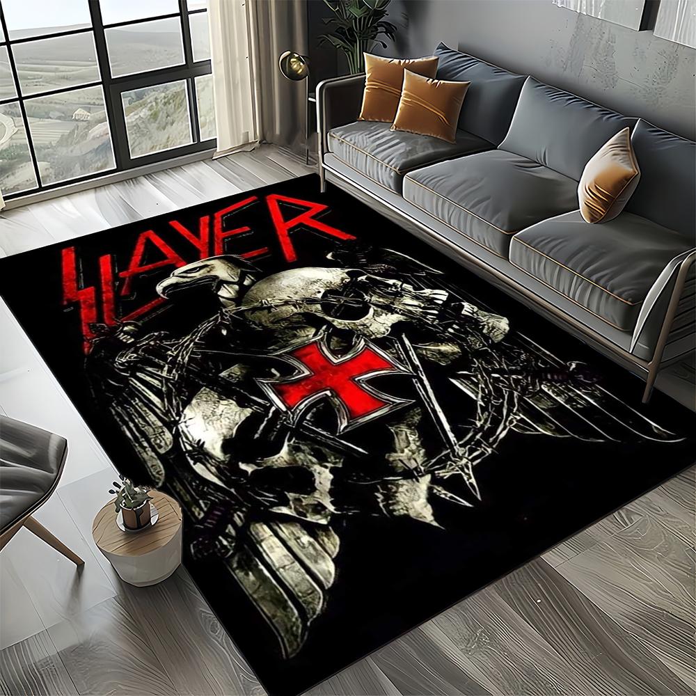 Tapete de Chão 3D Retro Band Slayer Heavy Metal Rock Sinal para Sala de Estar Quarto Casa Decoração de Sofá, Tapete Antiderrapante para Brincar de Criança