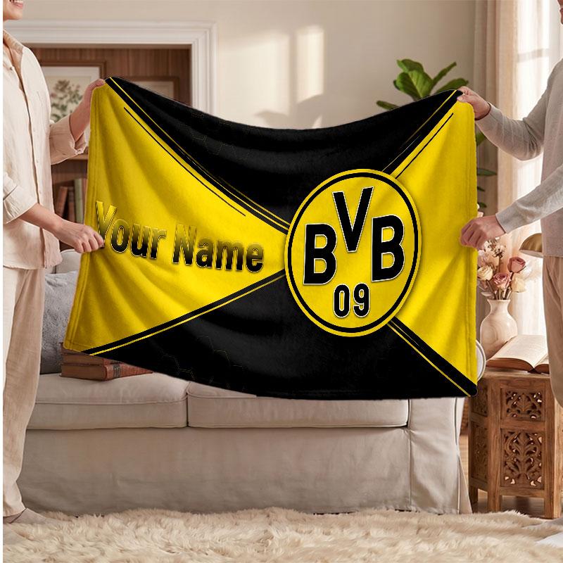 Borussia Dortmund Personalized Fleece Blanket With Football Logo, Custom Name Text Soft Warm Home Throw Blanket