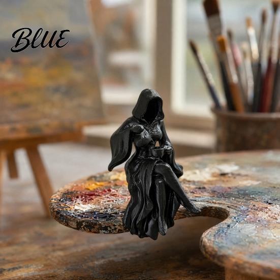 Hooded Girl Sculpture Gothic Reaper Lady Figurine 3D Printed Dark Fantasy Shelf Sitter Elegant Figurine Mysterious Black Robed Women Pouring Tea for