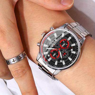 2PCS Set Business Men Wristwatch Round Dial Alloy Watch Band Quartz Wrist Watch for Male Ring,Men Gift